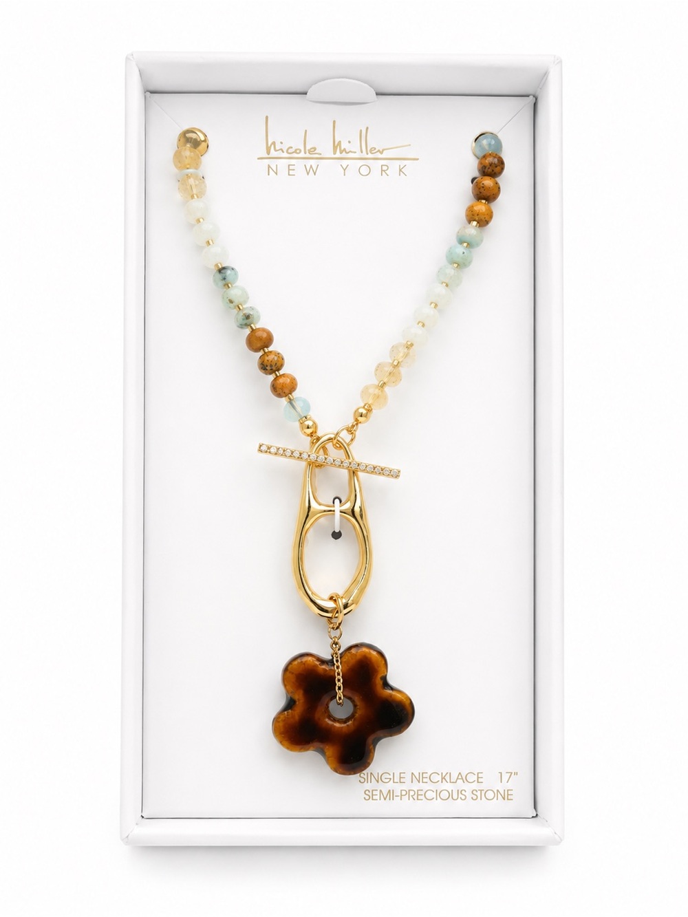 Nicole Miller Front Toggle Gold Multi Color Beaded Necklace Brown Flower Pendant